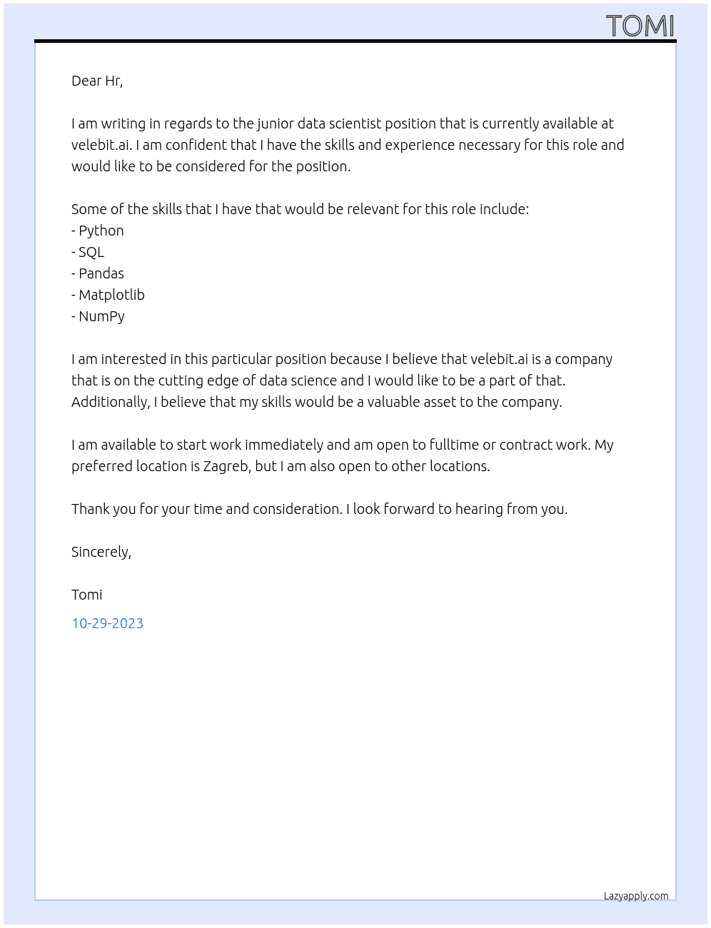 junior data scientist At velebit.ai Cover Letter