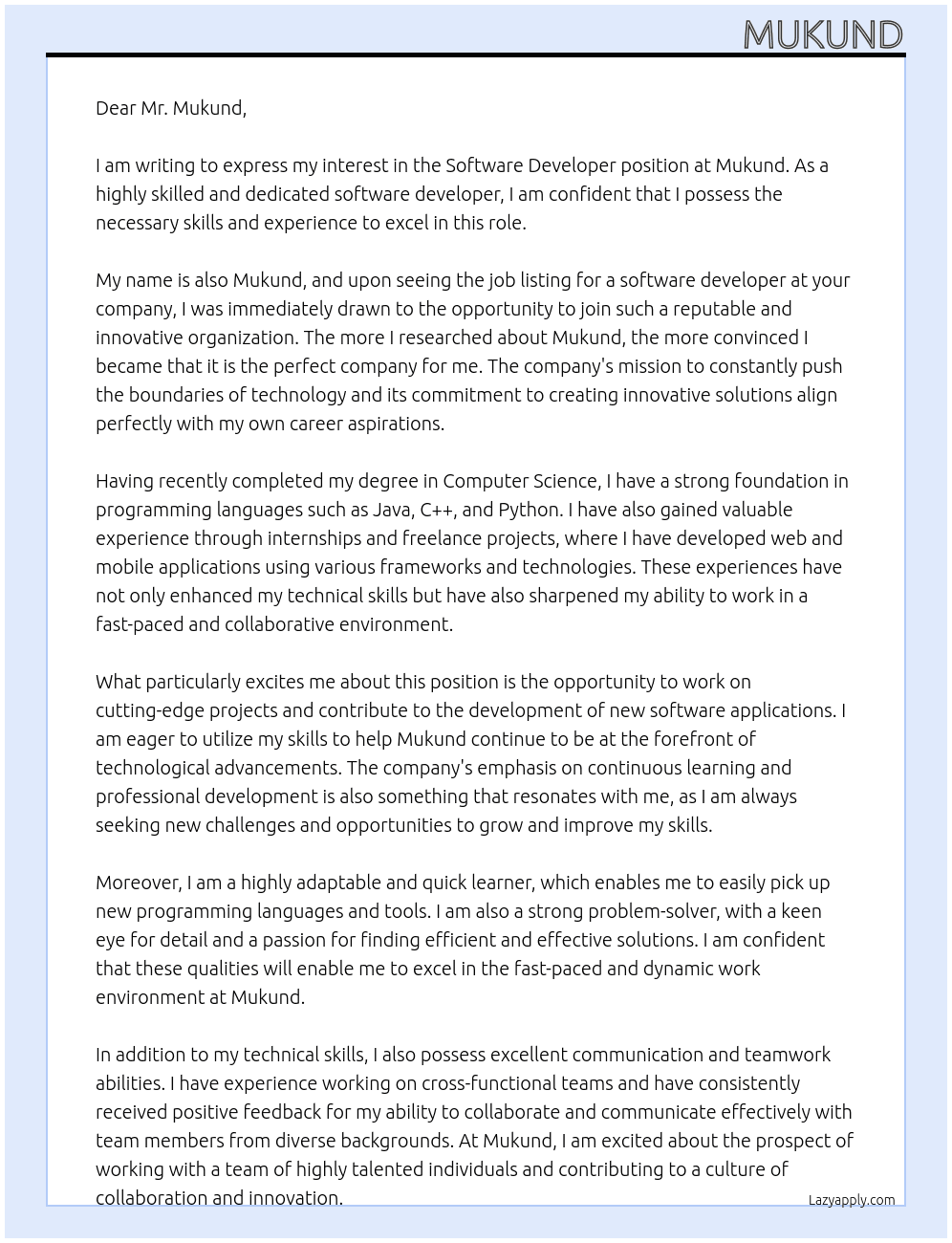 software developer At Mukund Cover Letter