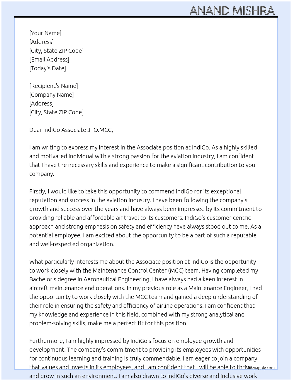 Associate  At IndiGo  Cover Letter
