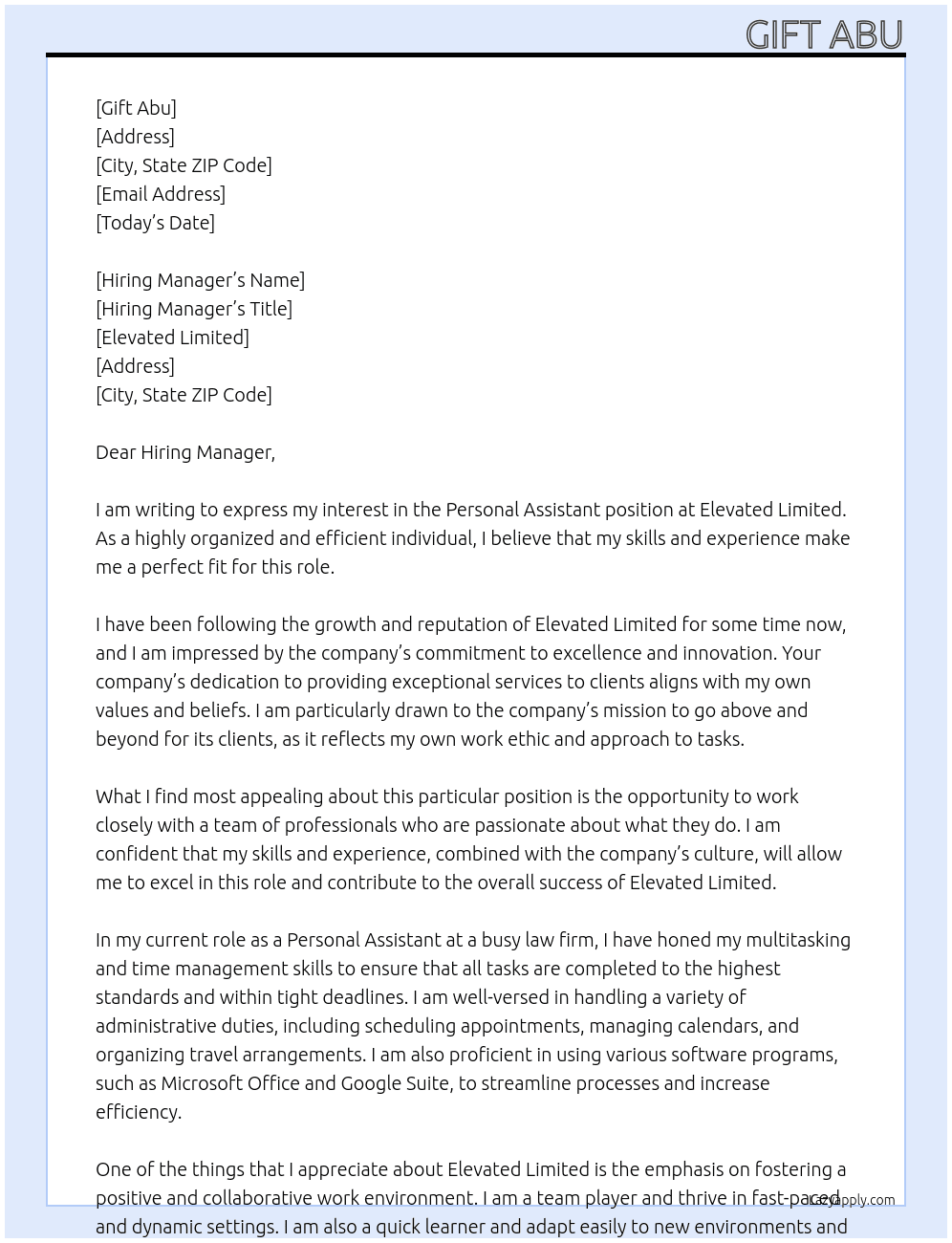 Personal assistant  At Elevated limited Cover Letter