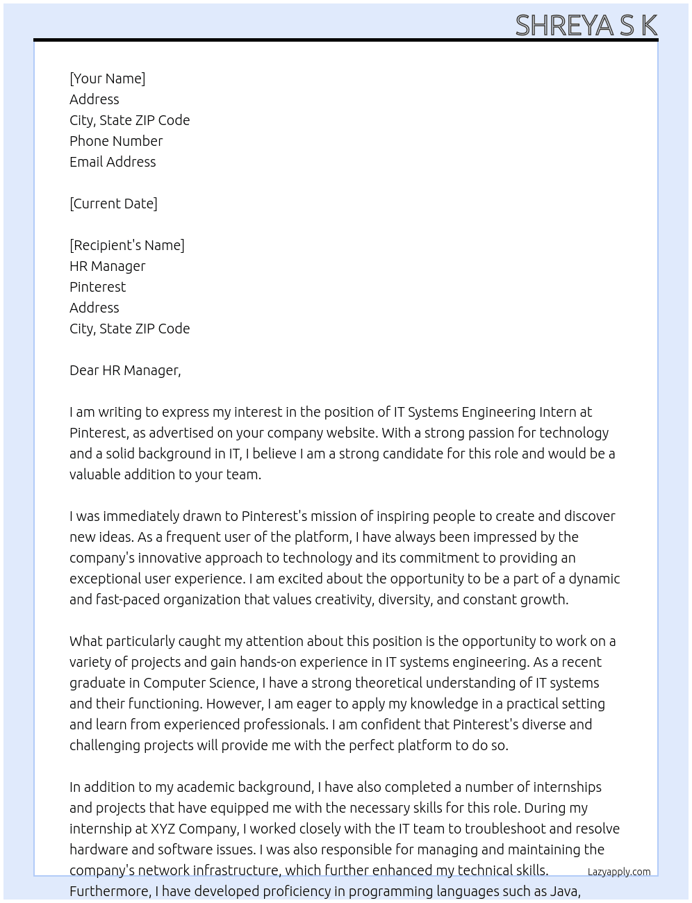 IT Systems Engineering Intern At Pinterest Cover Letter