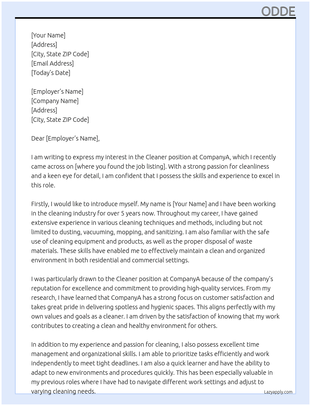 cleaner At companya Cover Letter