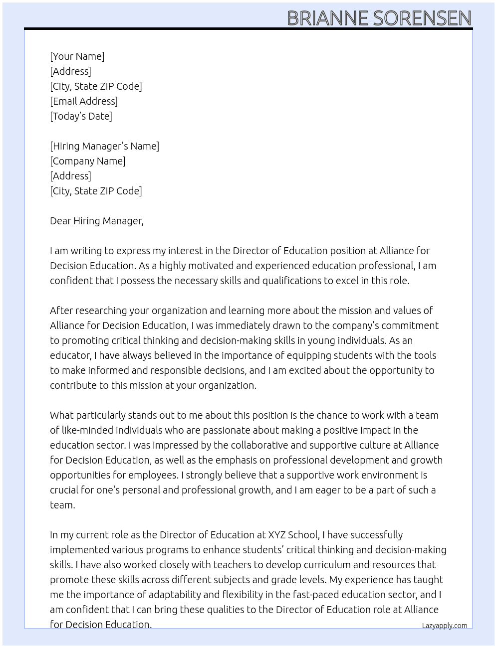 Director of Education At Alliance for Decision Education Cover Letter