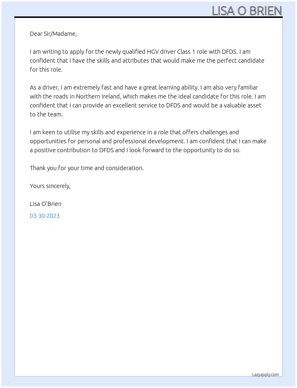HGV class 1 driver At DFDS Cover Letter