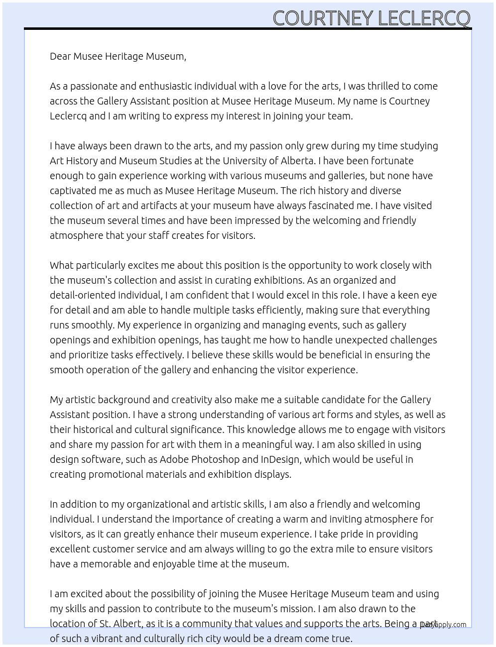 Gallery assistant  At Musee heritage museum Cover Letter