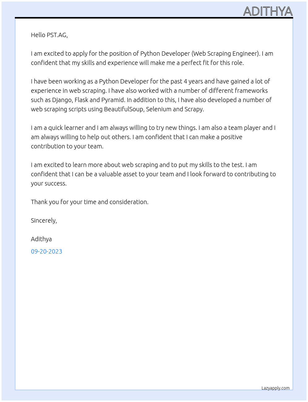 Python Developer (Web Scraping Engineer) At PST.AG Cover Letter