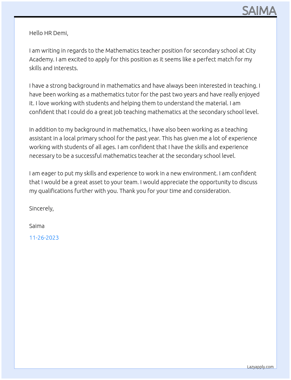 Mathematics teacher for secondary school At City academy Cover Letter