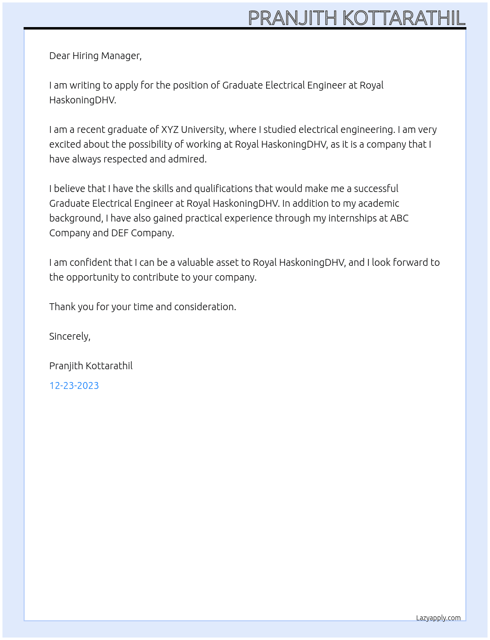 Graduate Electrical Engineer At Royal HaskoningDHV Cover Letter