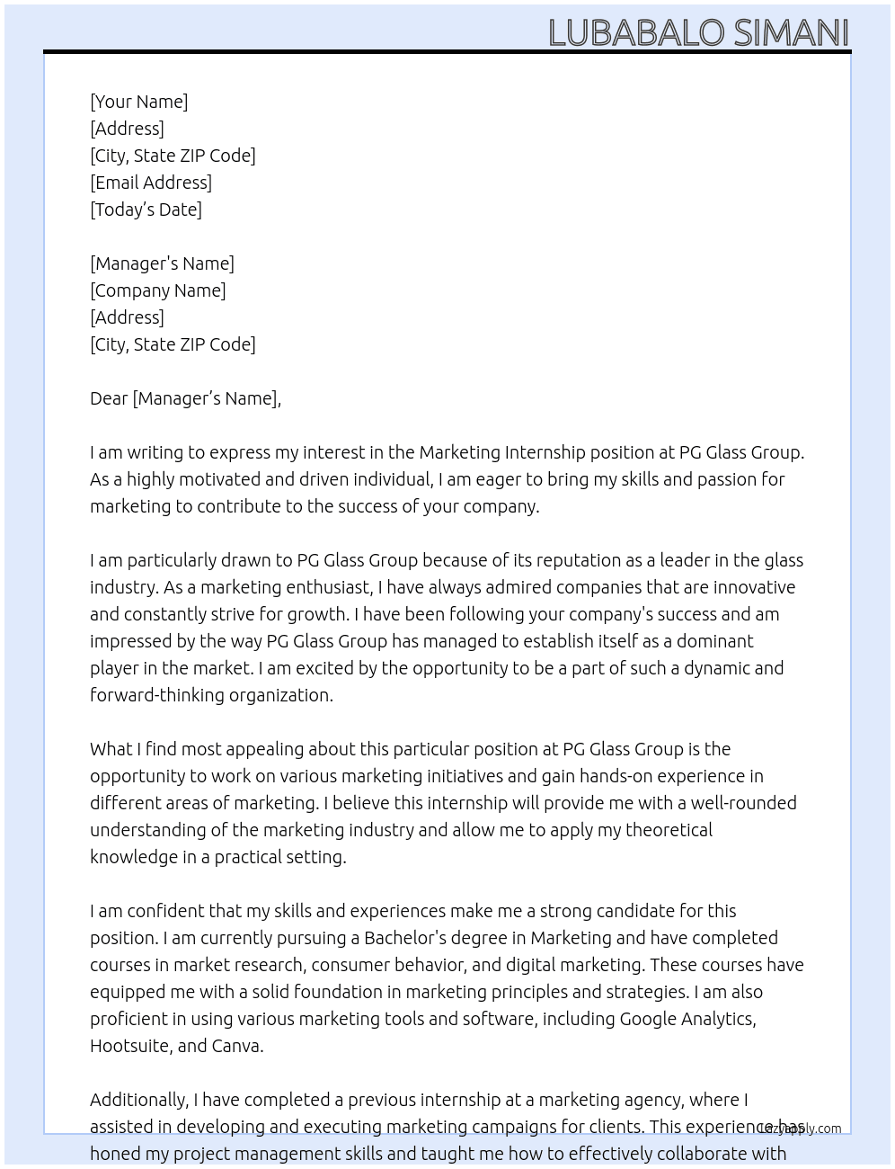Marketing Internship  At PG Glass Group Cover Letter