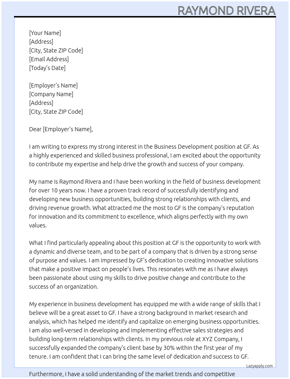 business development At gf Cover Letter
