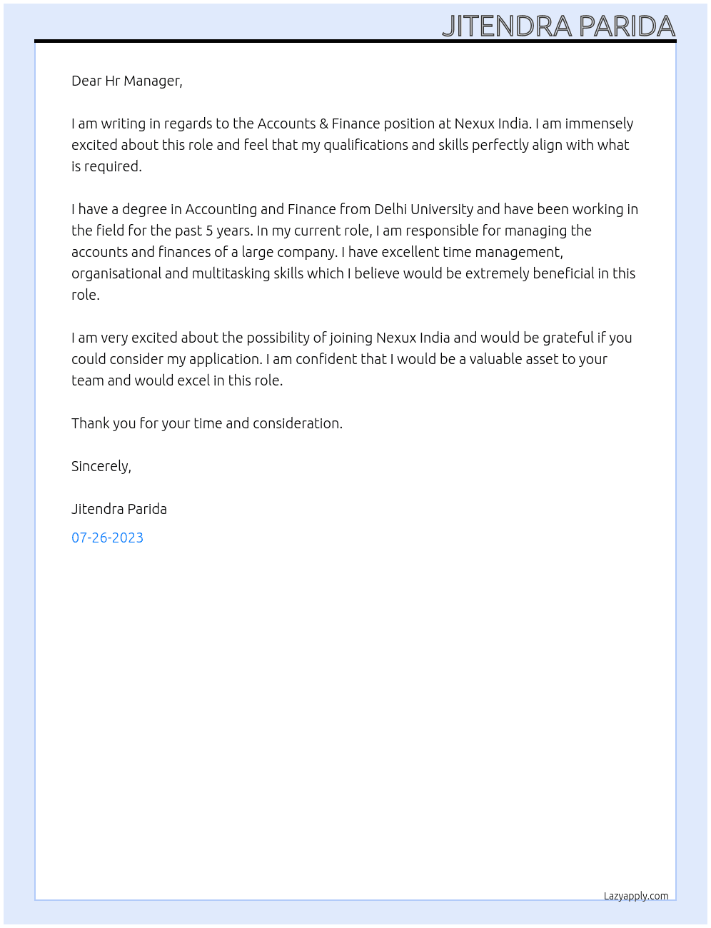 Accounts & Finance At Nexux India Cover Letter