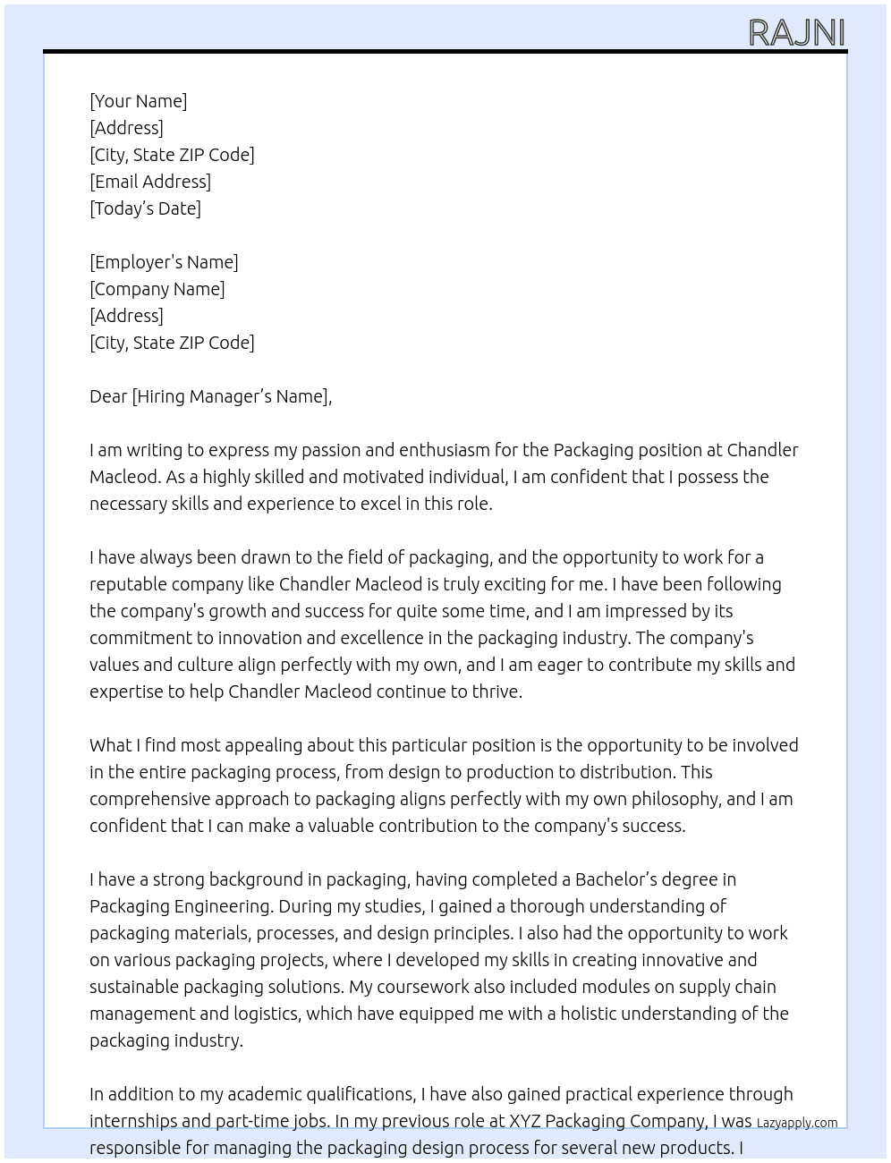 Packaging At Chandler Macleod Cover Letter