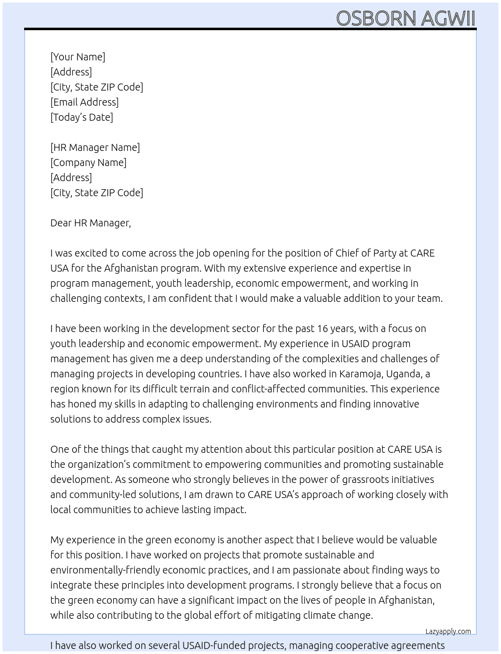 CHIEF OF PARTY, AFGHANISTAN At CARE USA Cover Letter