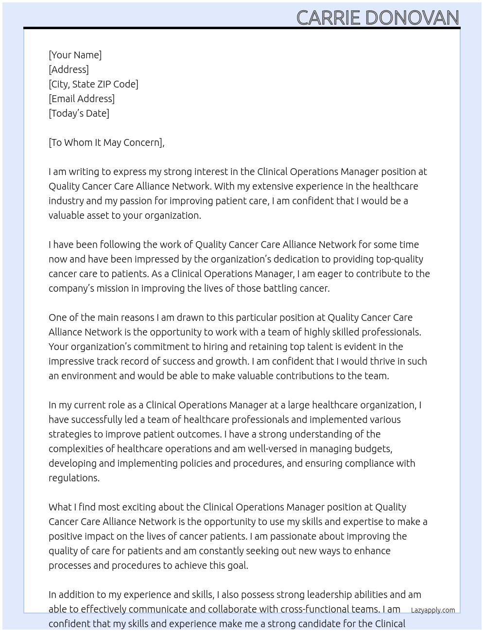 Clinical Operations Manager At Quality Cancer Care Alliance Network Cover Letter