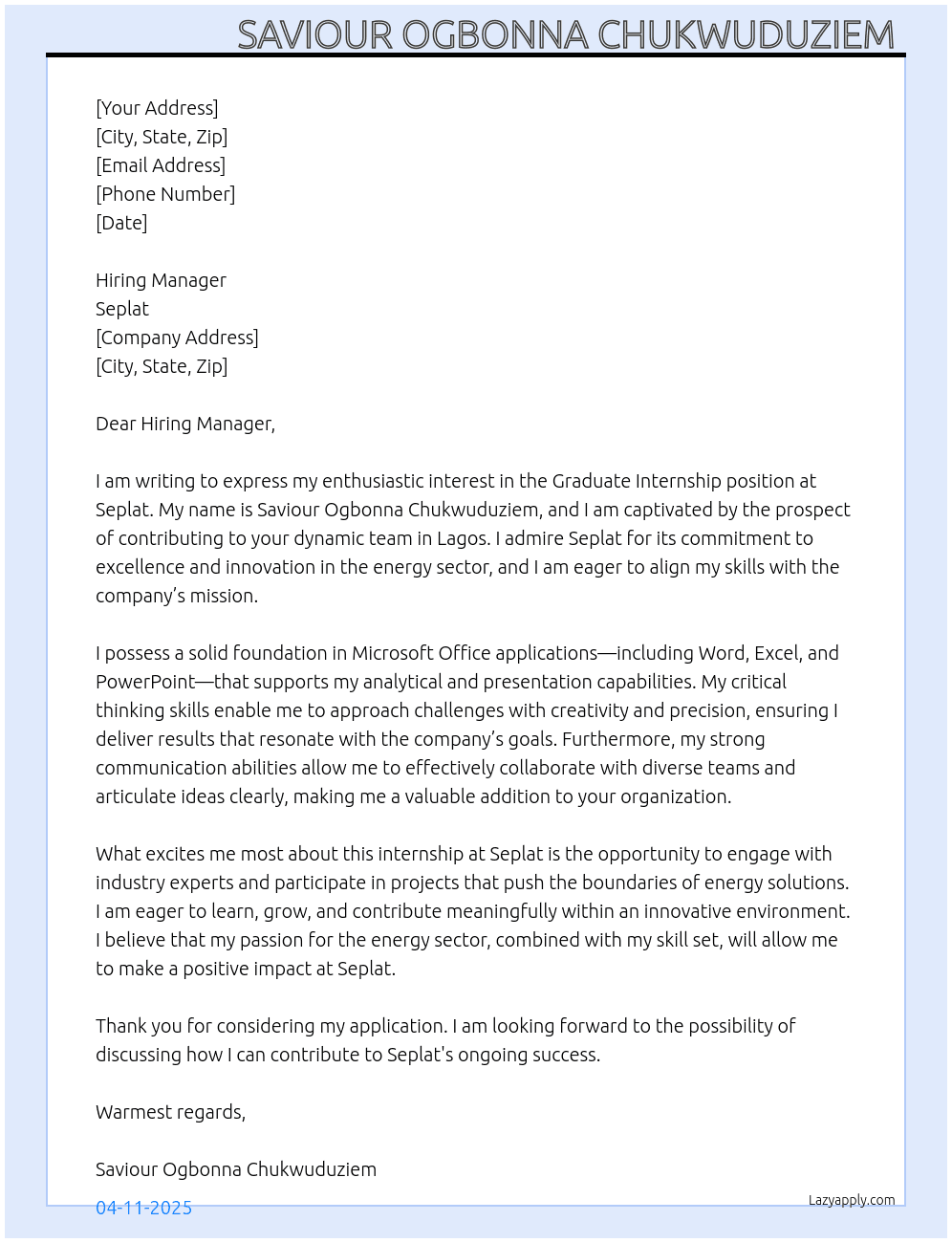 Graduate Intenship  At Seplat Cover Letter