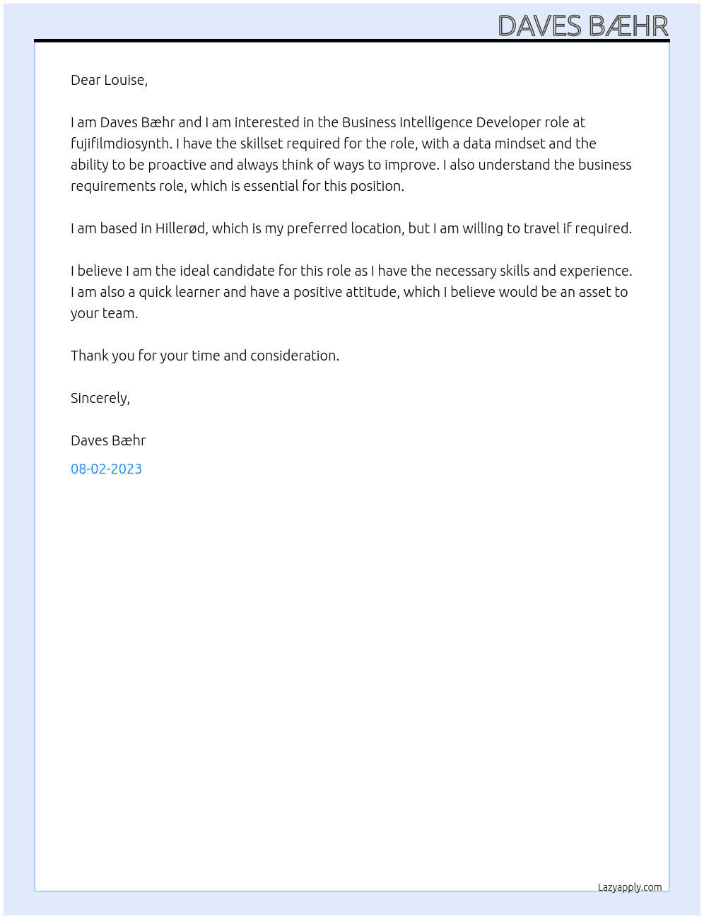 Business Intelligence Developer At fujifilmdiosynth Cover Letter