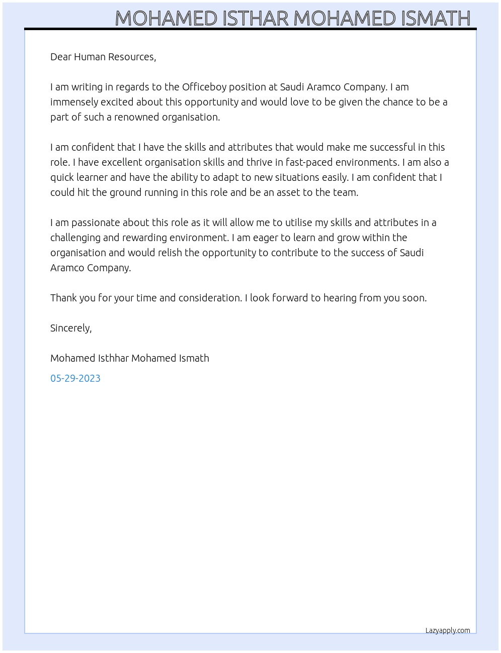 Officeboy  At Saudi Aramco Company Cover Letter