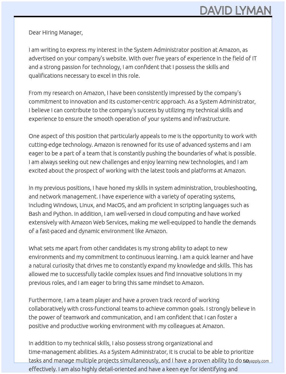 System Administrator At Amazon Cover Letter