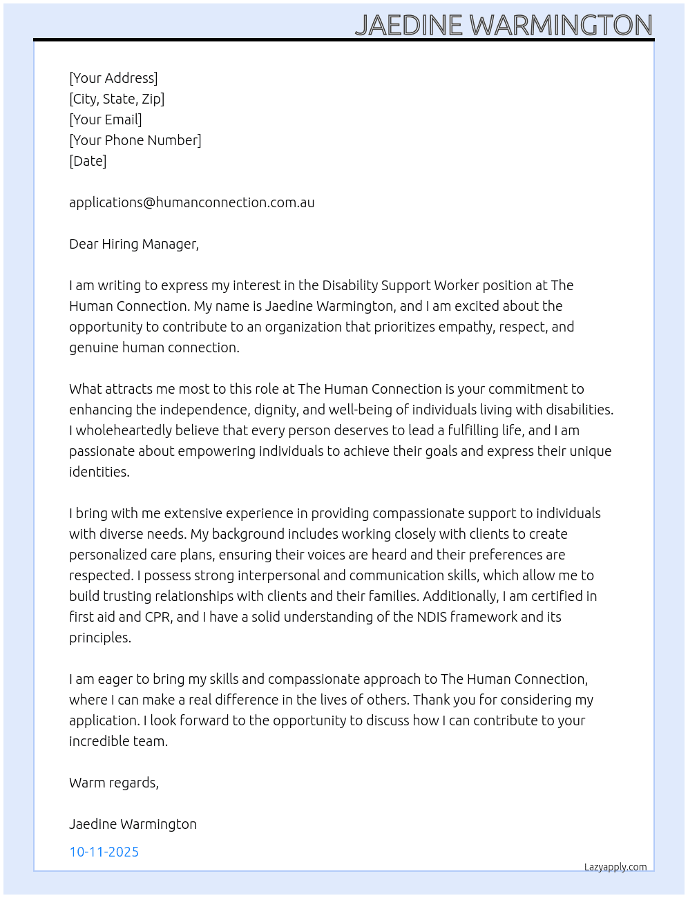 Disability Support Worker At The Human Connection  Cover Letter