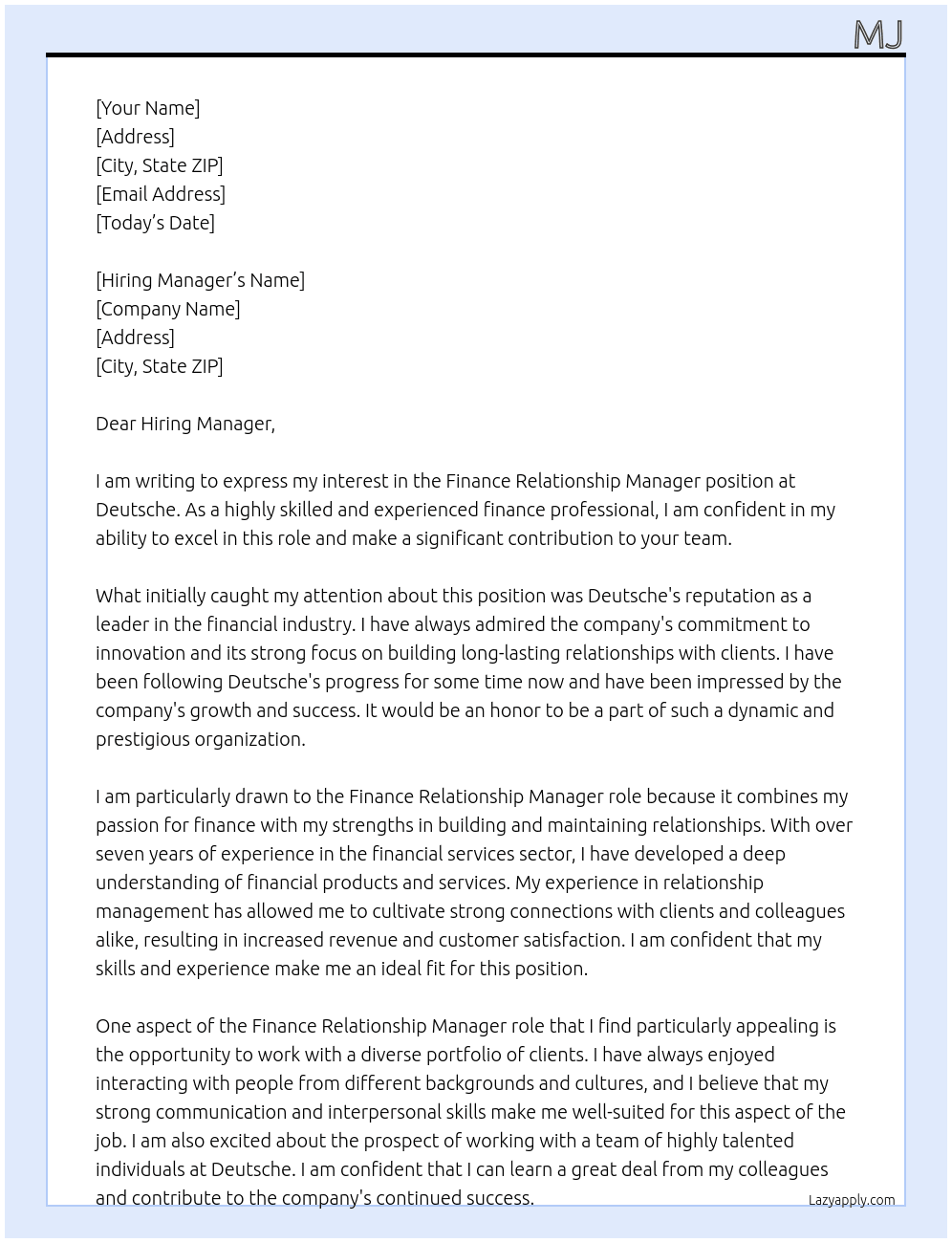 finance relationship manager At Deutsche Cover Letter