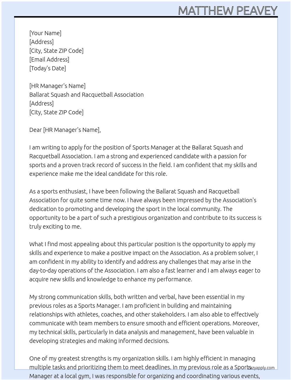 Sports Manager At Ballarat Squash and Racquetball Assocation Cover Letter