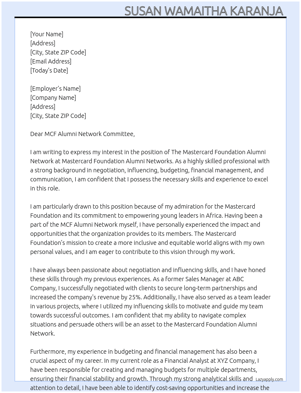 The Mastercard Foundation Alumni Network  At Mastercard foundation alumni networks Cover Letter