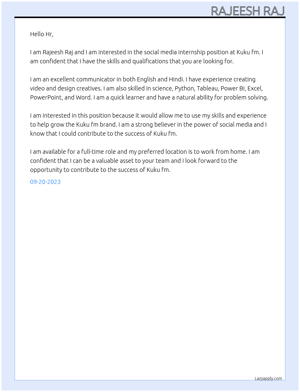 Social media internship At Kuku fm Cover Letter