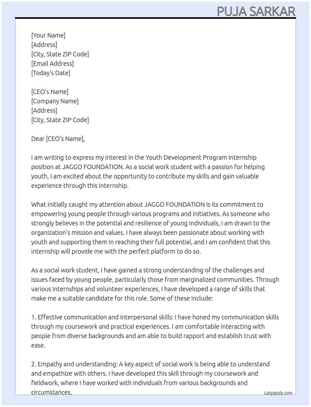 Cover letter for youth development program internship - LazyApply