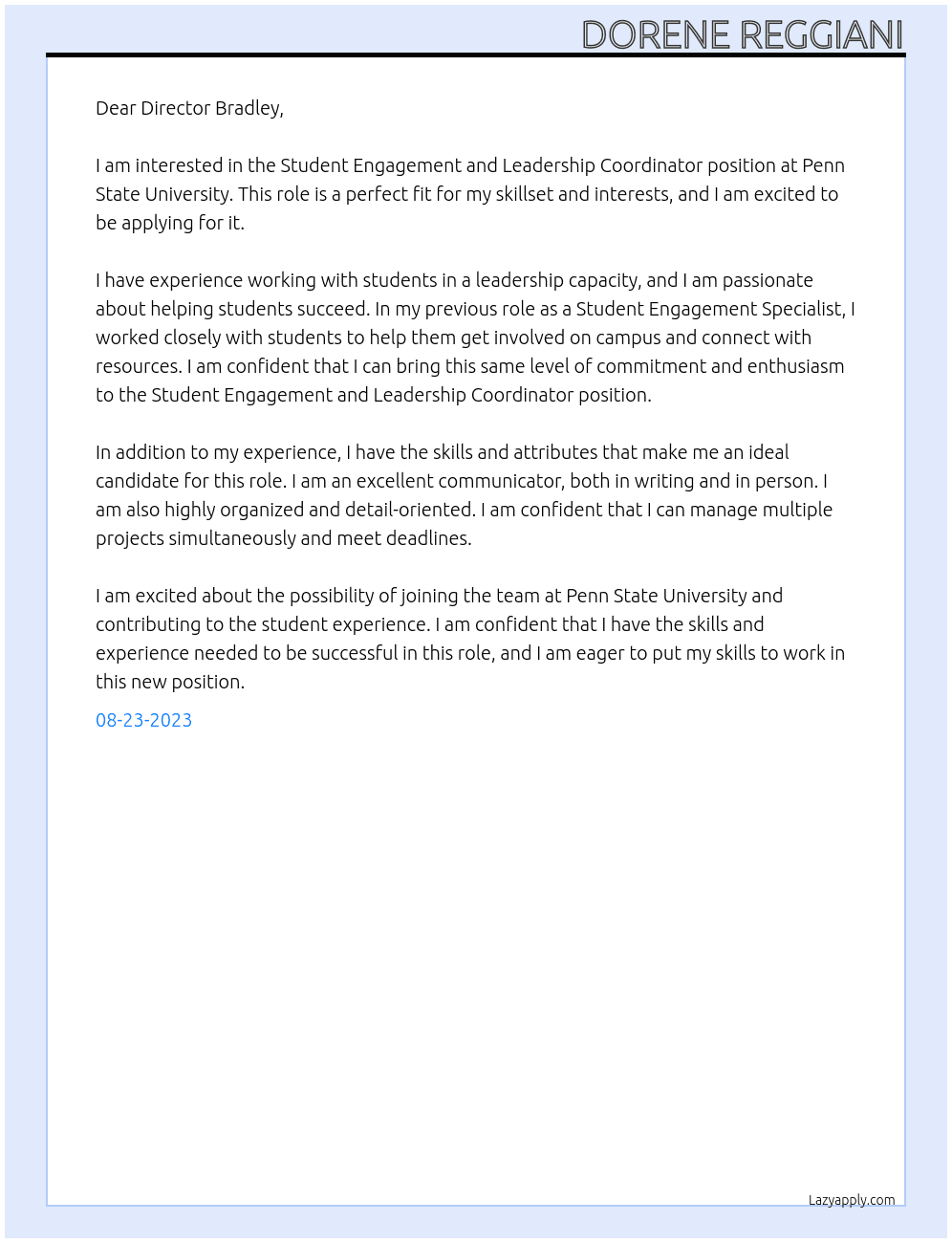 Student Engagement and Leadership Coordinator At Penn State University Cover Letter