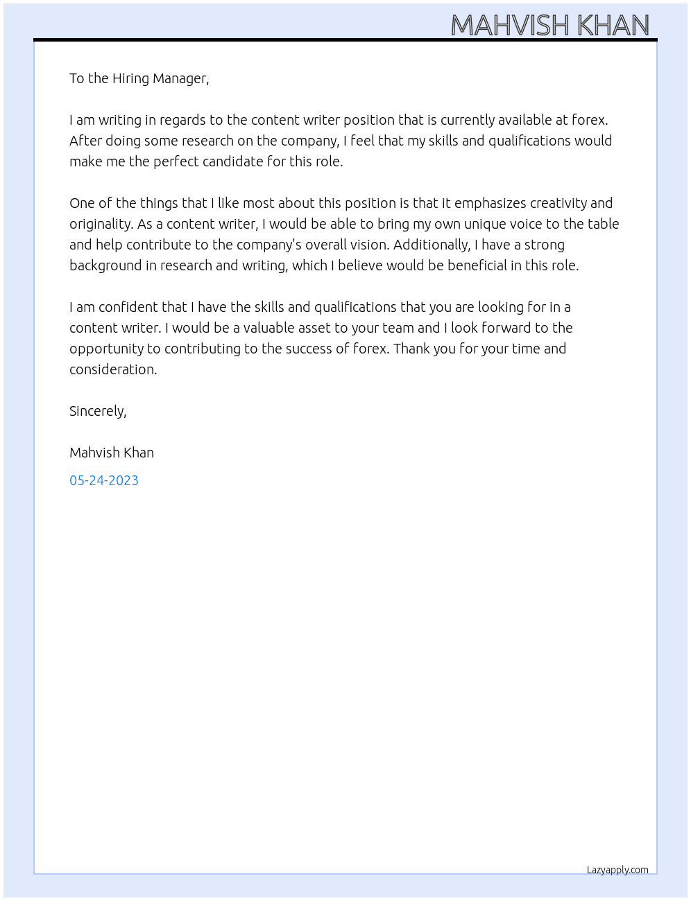 content writer At forex Cover Letter
