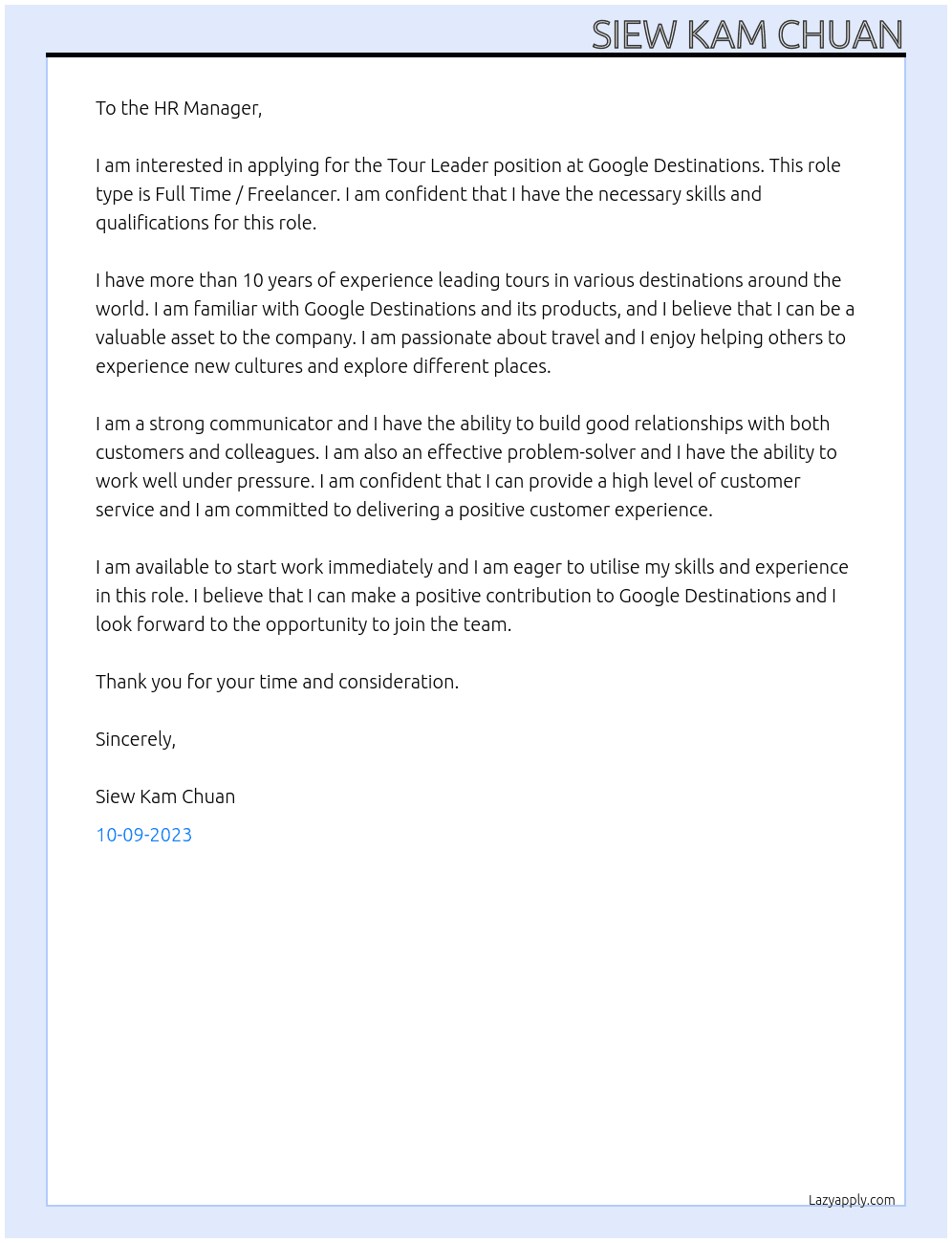 Tour Leader  At Google Destinatios  Cover Letter