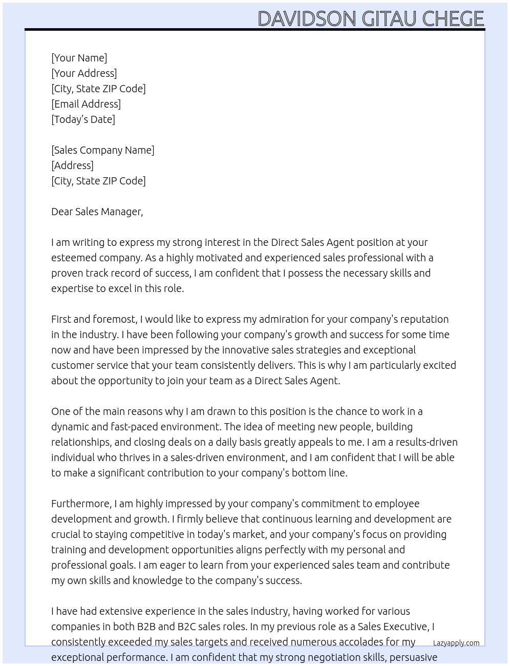 Direct Sales Agent  At Sales company  Cover Letter