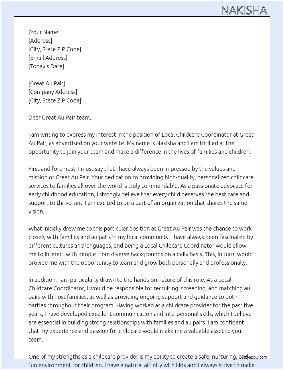 Local childcare coordinator  At great au pair Cover Letter