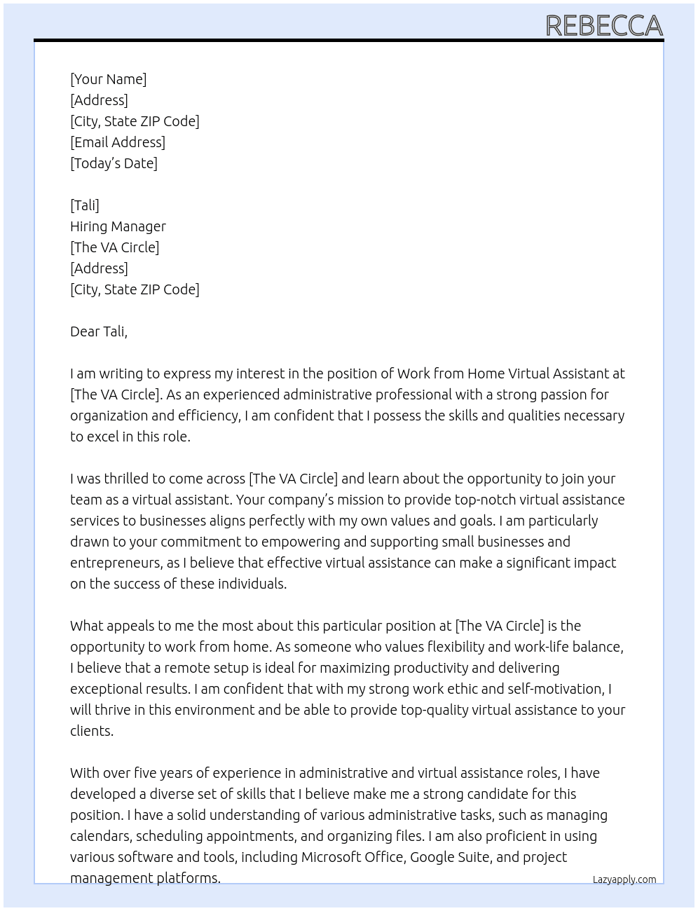 Work from home virtual assistant At The VA Circle Cover Letter