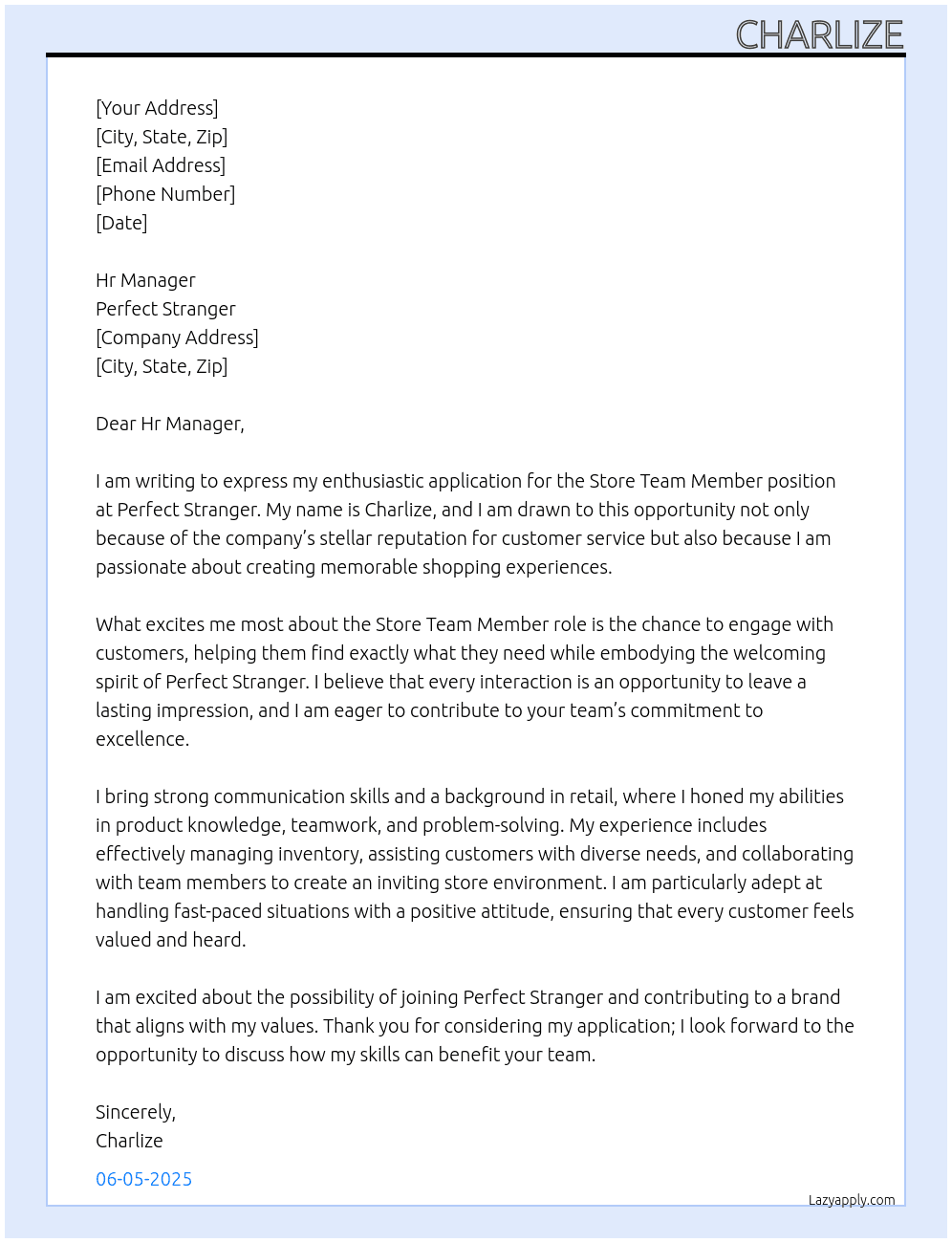 Store Team Member At Perfect Stranger Cover Letter