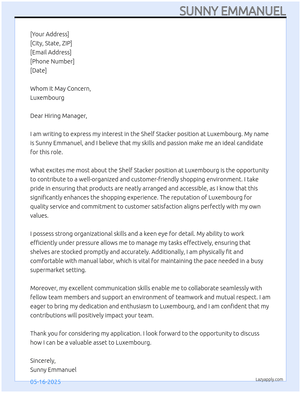 Shelf Stacker (Supermarket) At Luxembourg Cover Letter