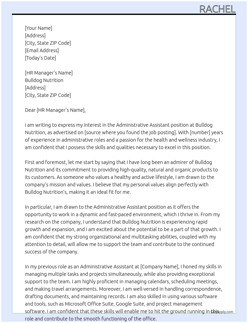 Administrative Assistant  At Bulldog Nutrition  Cover Letter