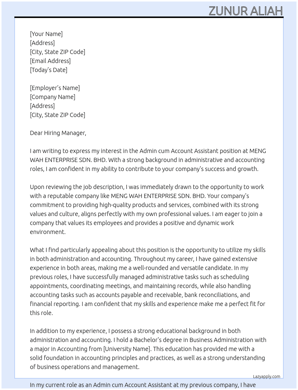 Admin cum Account Assistant At MENG WAH ENTERPRISE SDN. BHD Cover Letter