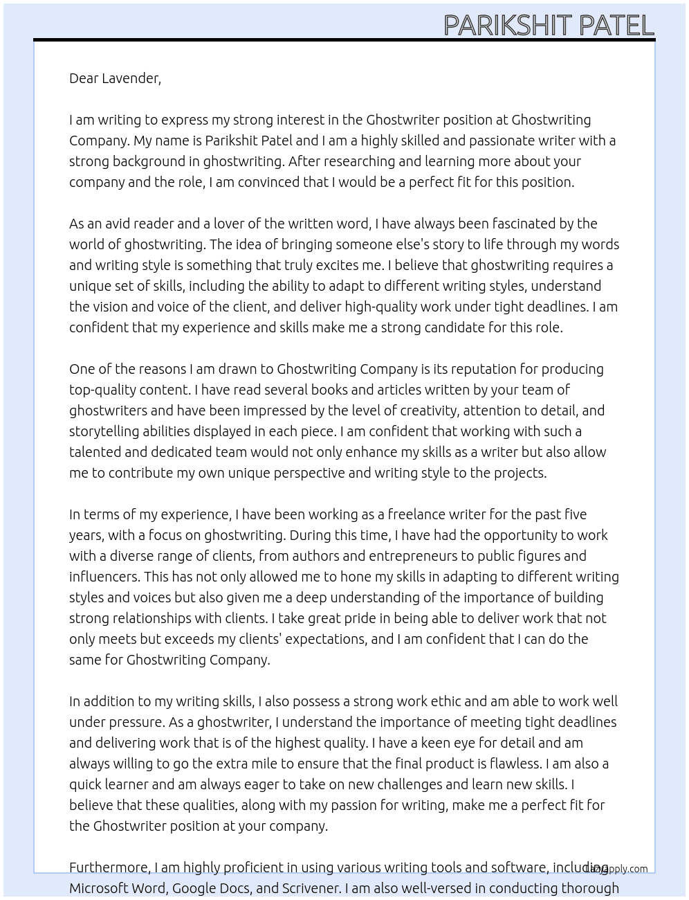 Ghostwriter At Ghostwriting Company Cover Letter