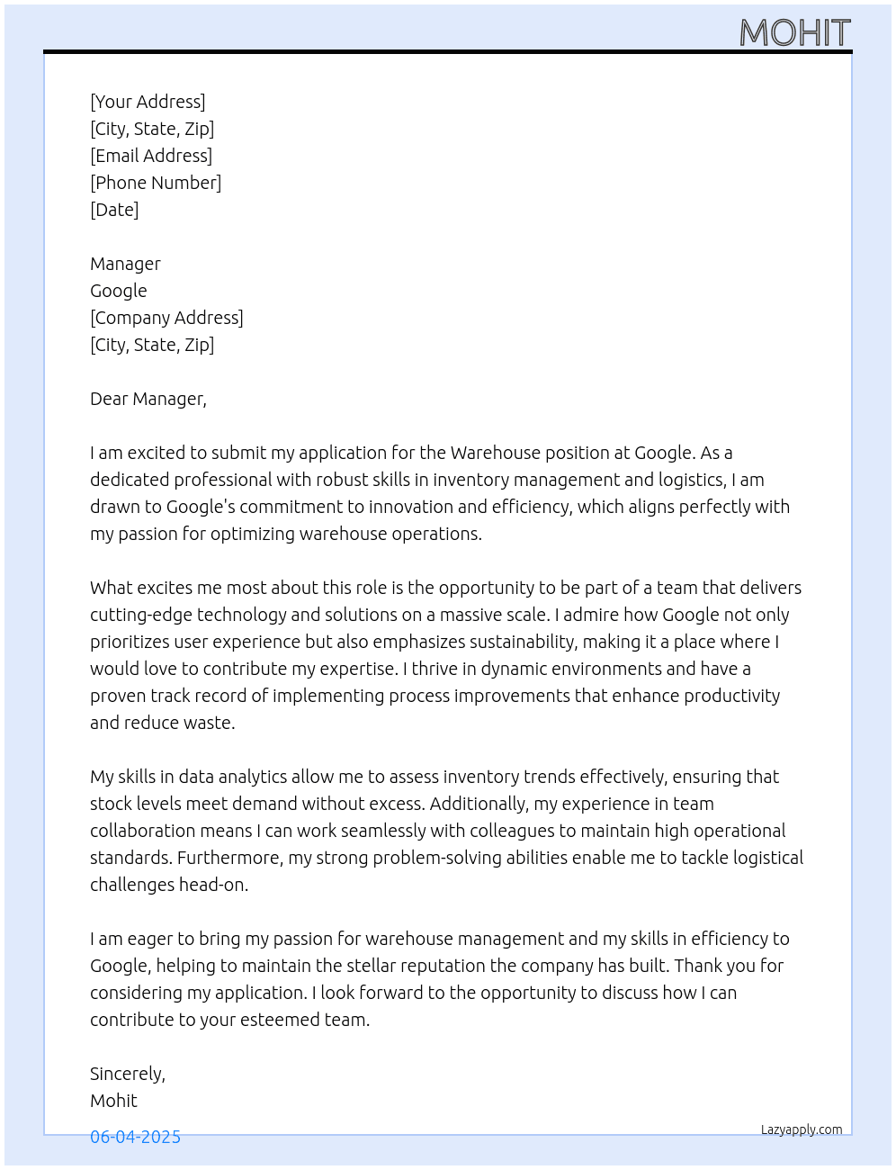 Cover letter for ware house - LazyApply