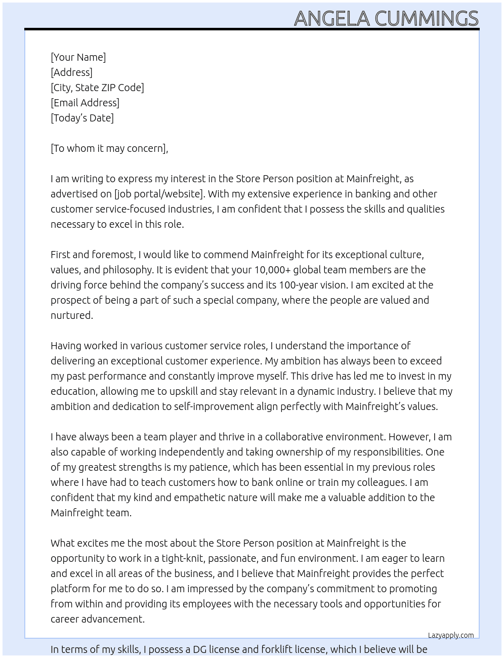 Store person At Mainfreight Cover Letter