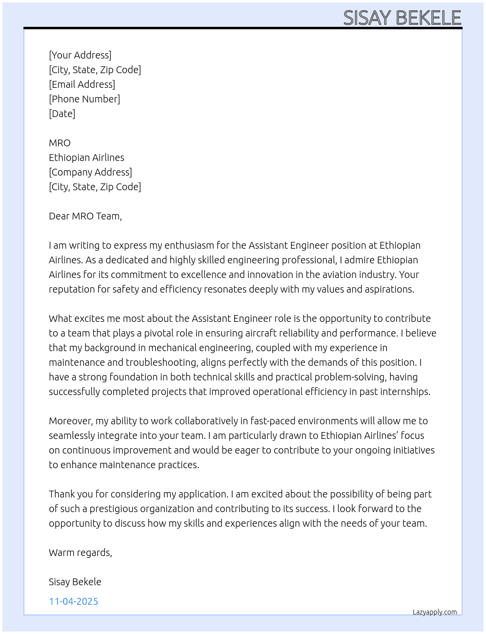 Assistant engineer At Ethiopian airlines Cover Letter