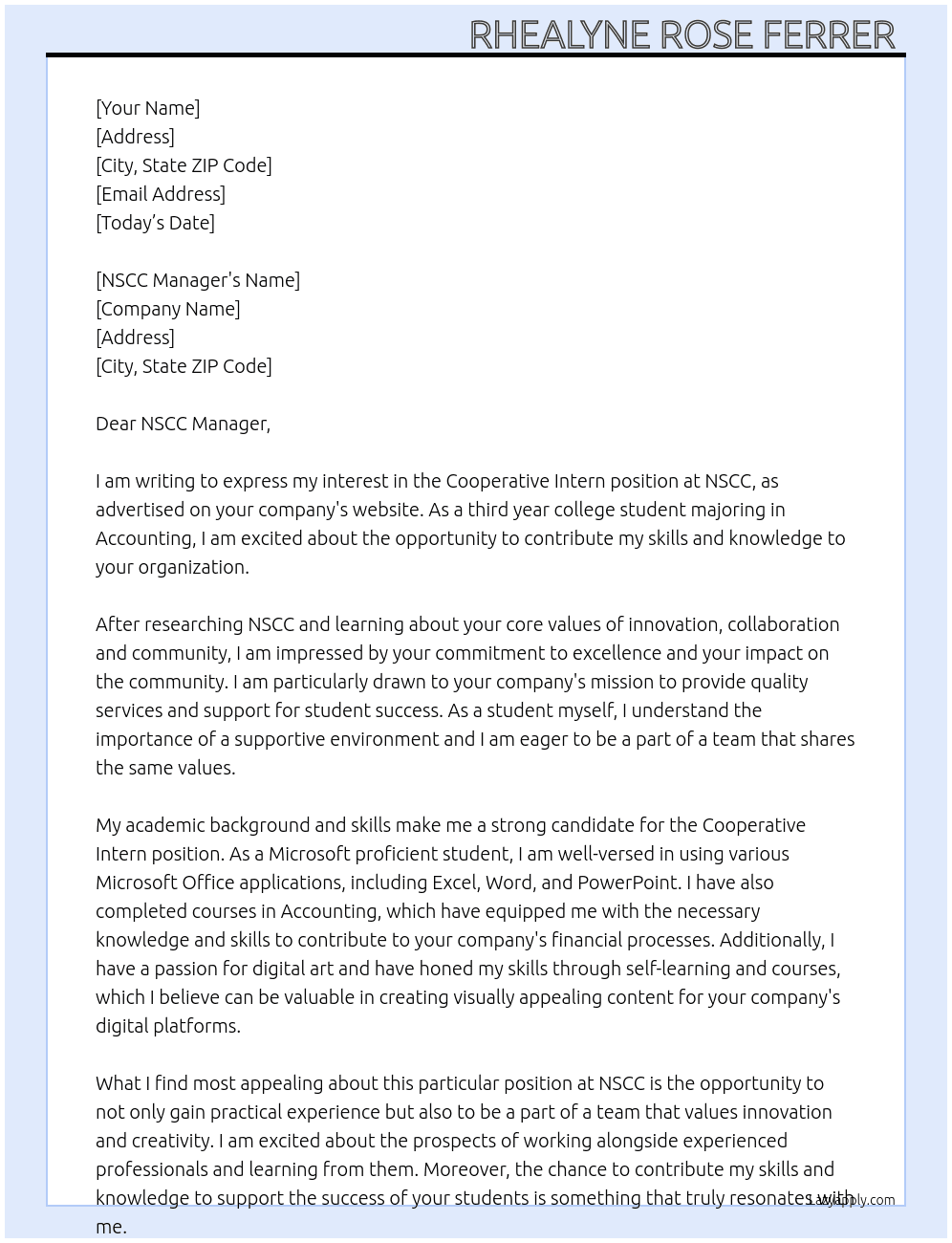 Cooperative Intern At NSCC Cover Letter