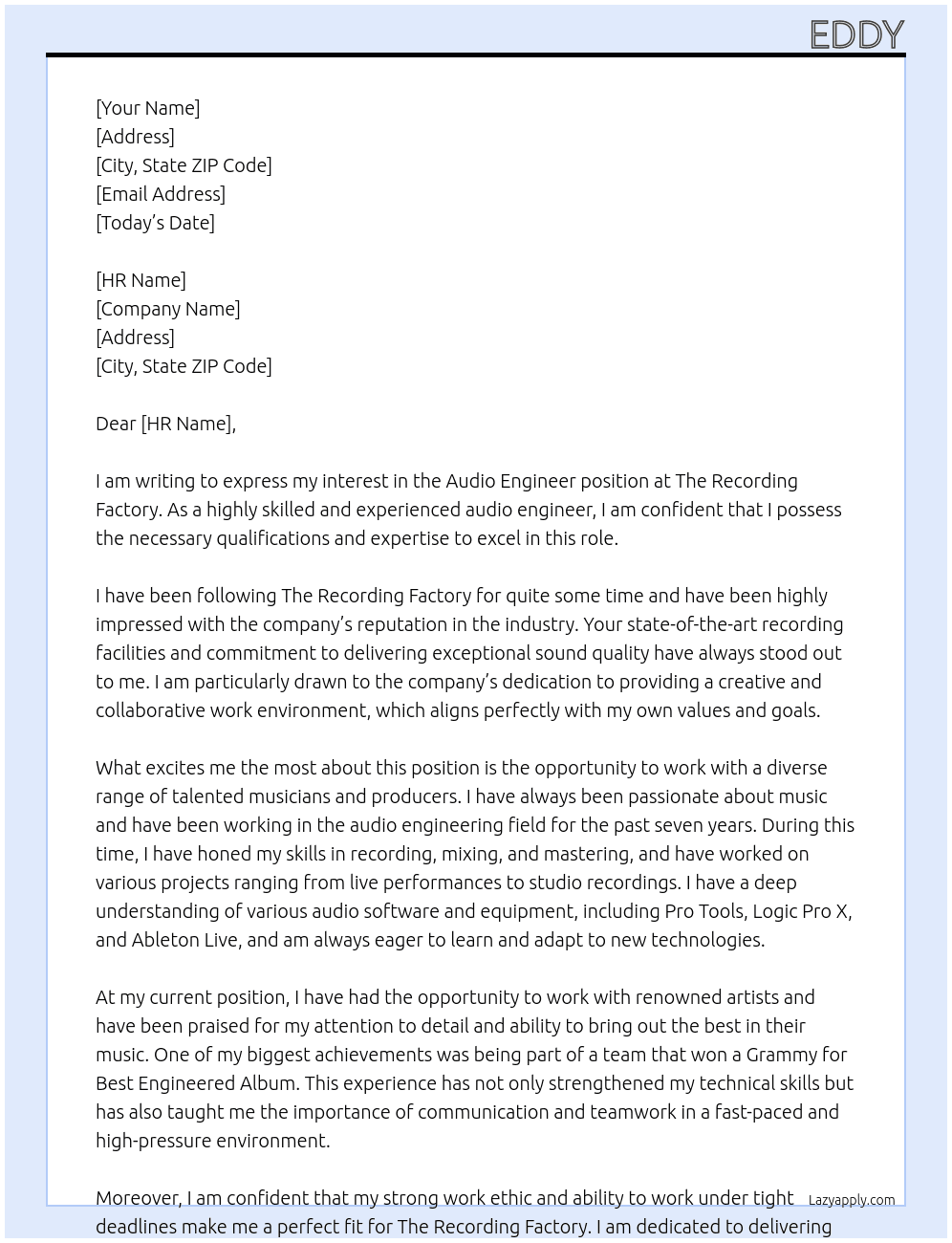 Audio engineer  At The Recording Factory Cover Letter