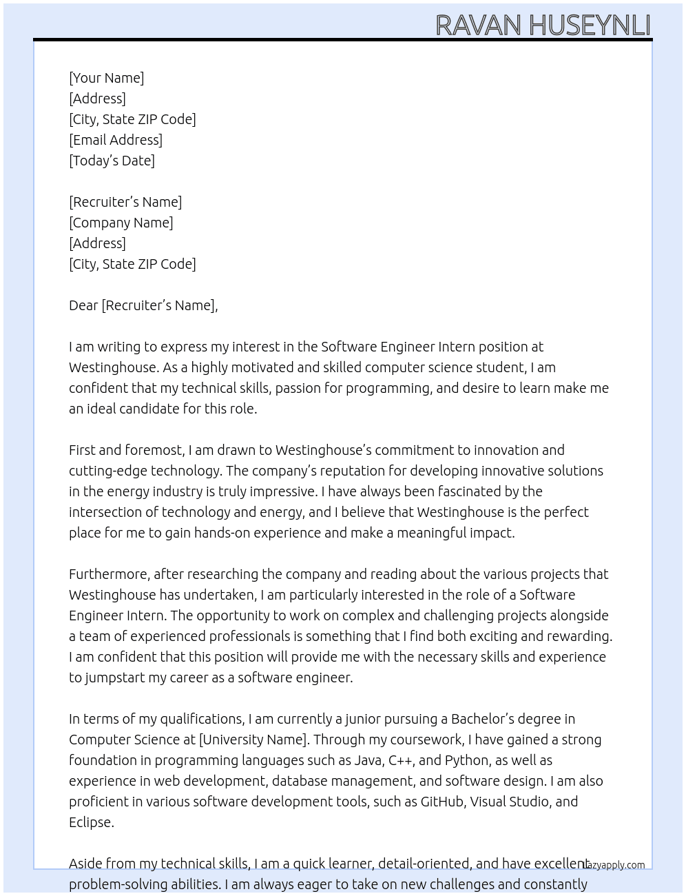 Software Engineer Intern  At Westinghouse Cover Letter