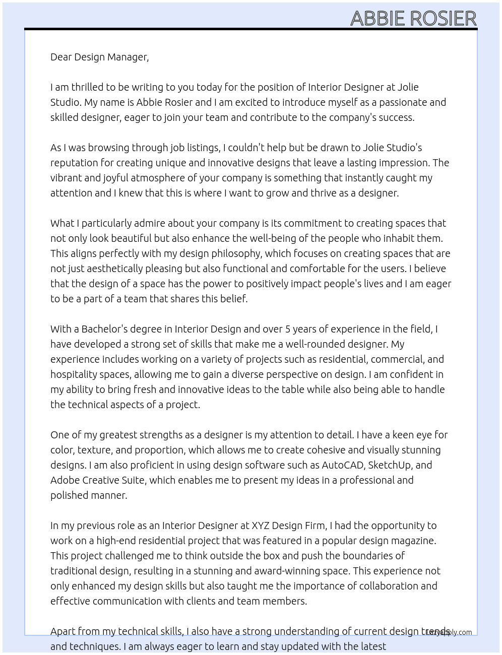 Interior Designer  At Jolie Studio  Cover Letter
