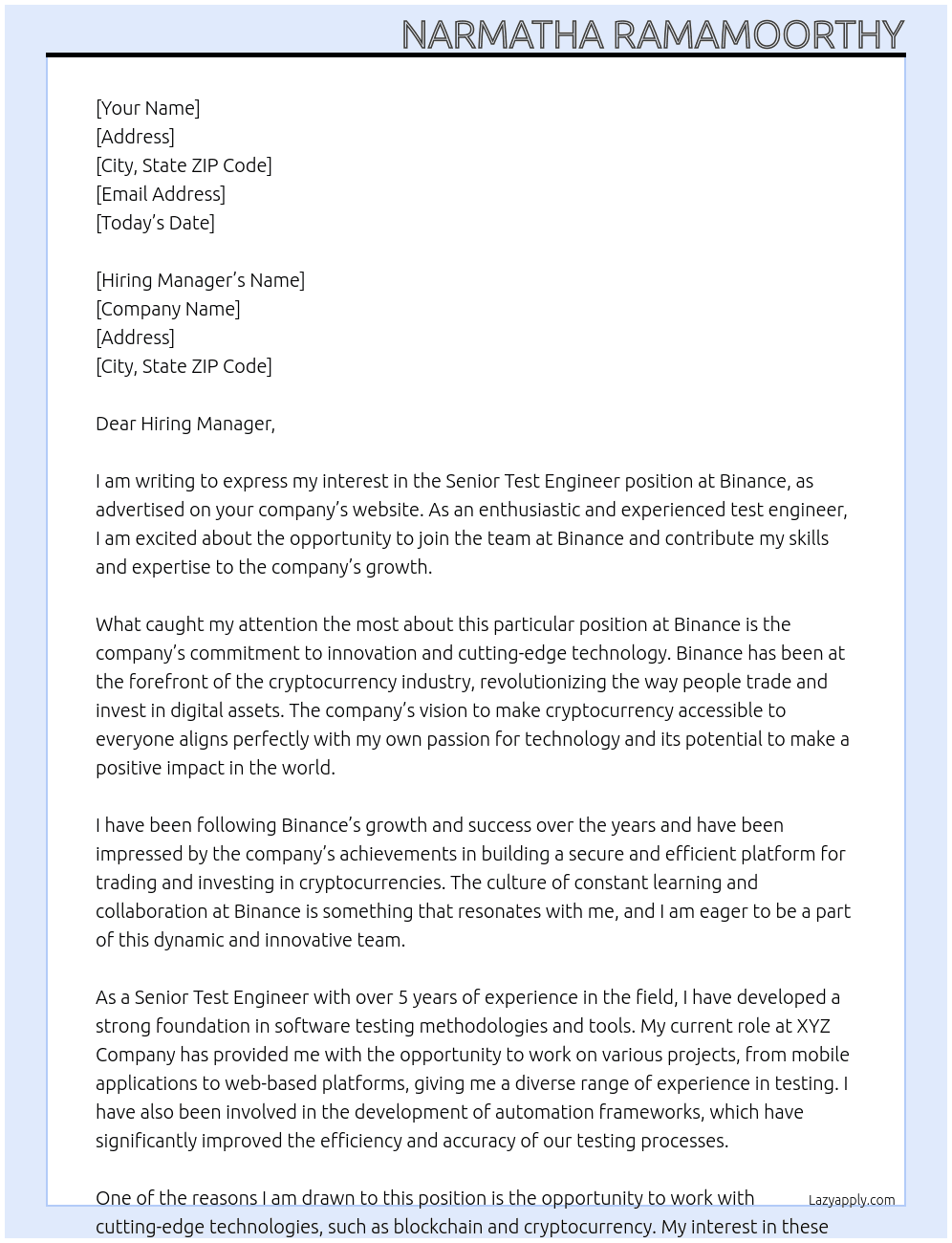 Cover letter for senior test engineer - LazyApply