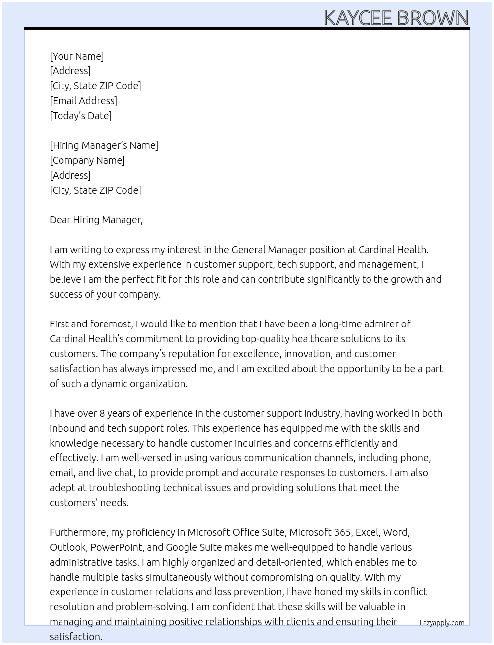 General Manager At Cardinal Health Cover Letter
