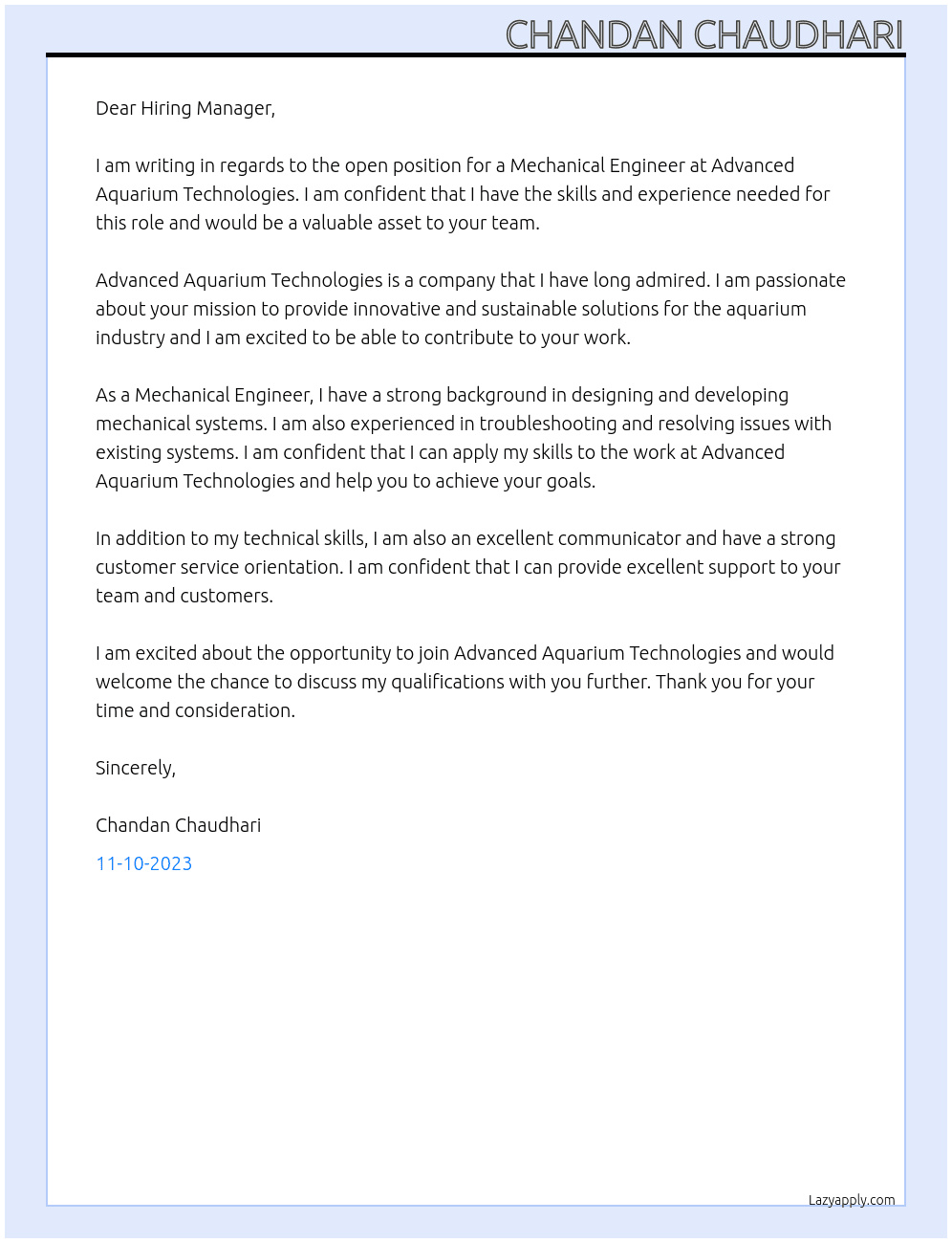 Mechanical Engineer At Advanced Aquarium Technologies Cover Letter
