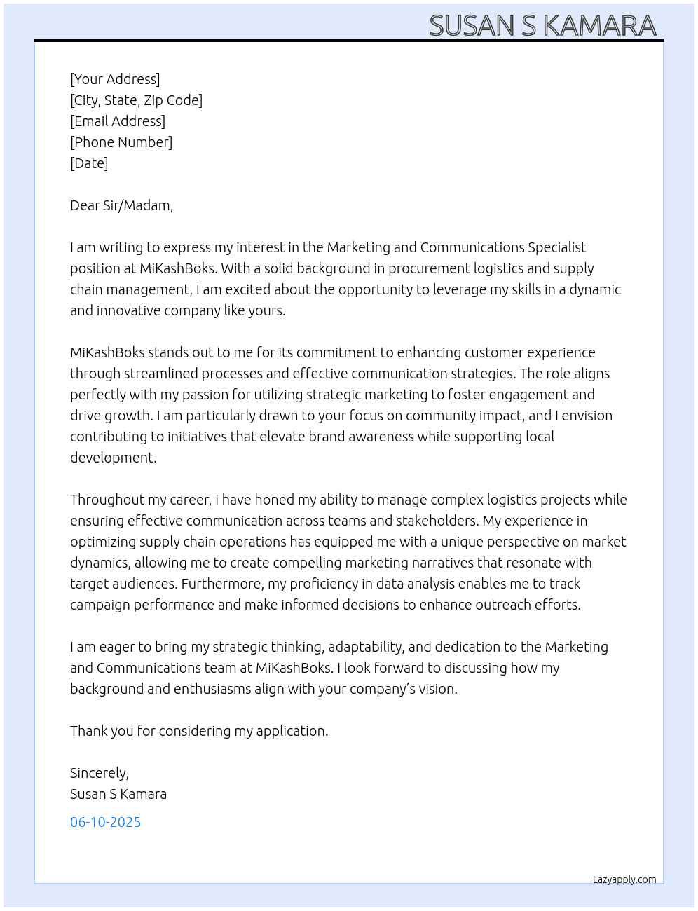  Marketing and Communications Specialist At MiKashBoks Cover Letter